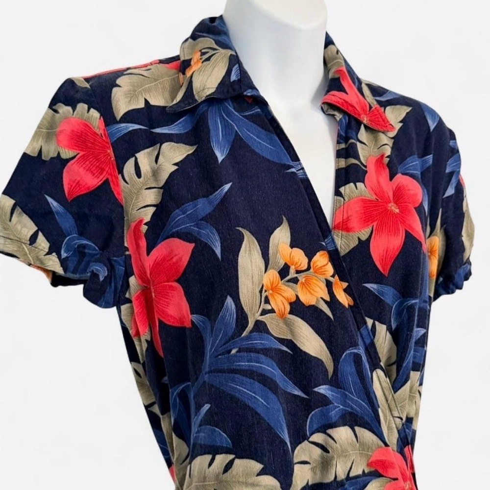 Caribbean Joe Navy Floral Wrap Dress, Hawaiian Tropical Print, Size Small - Picture 4 of 6